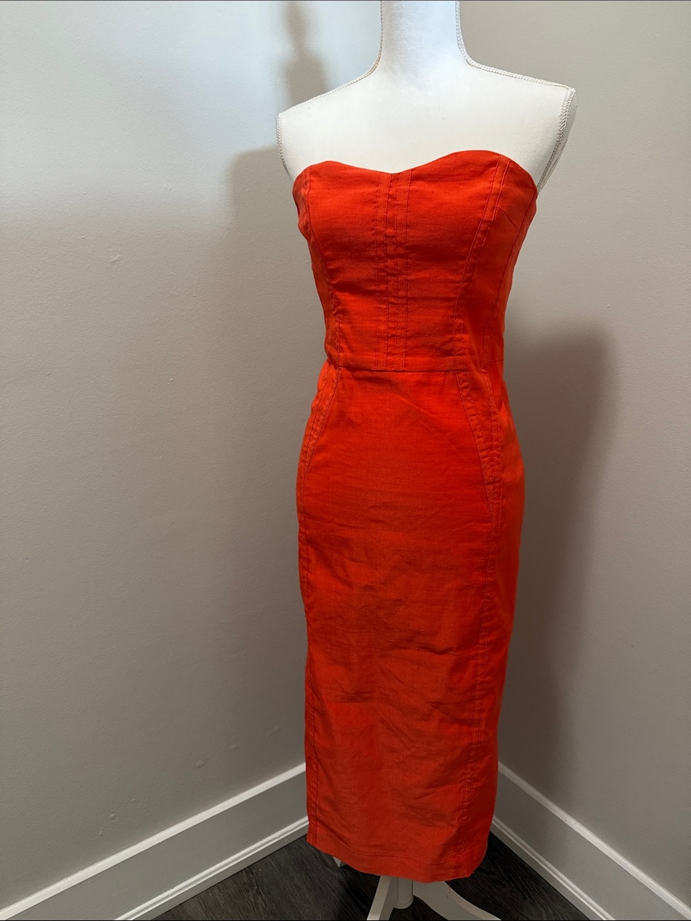 Veronica Beard Strapless Bright Orange Midi Dress